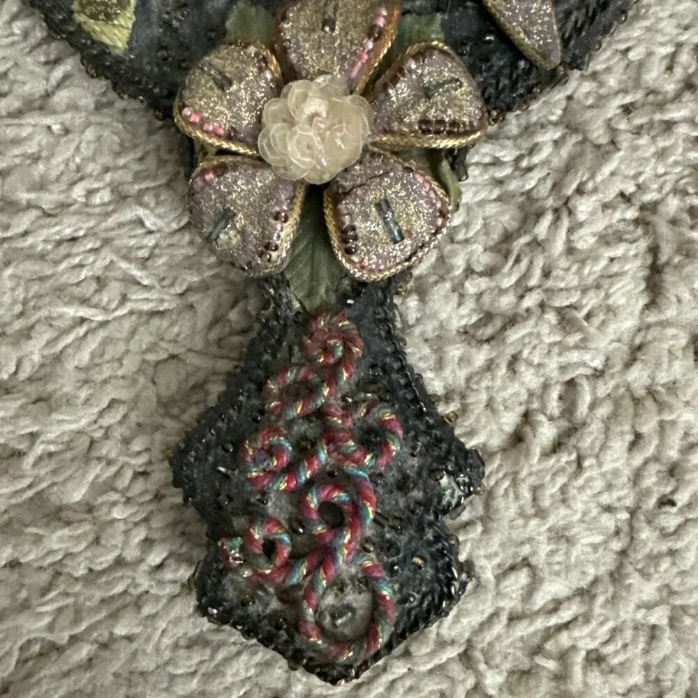 Vintage Beaded hand mirror with fairy mushroom and floral patterns
